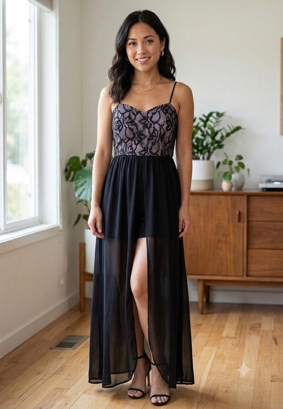 Romper maxi dress With Sheer Overlay Sz Small Lace Bodice Black Party Dress